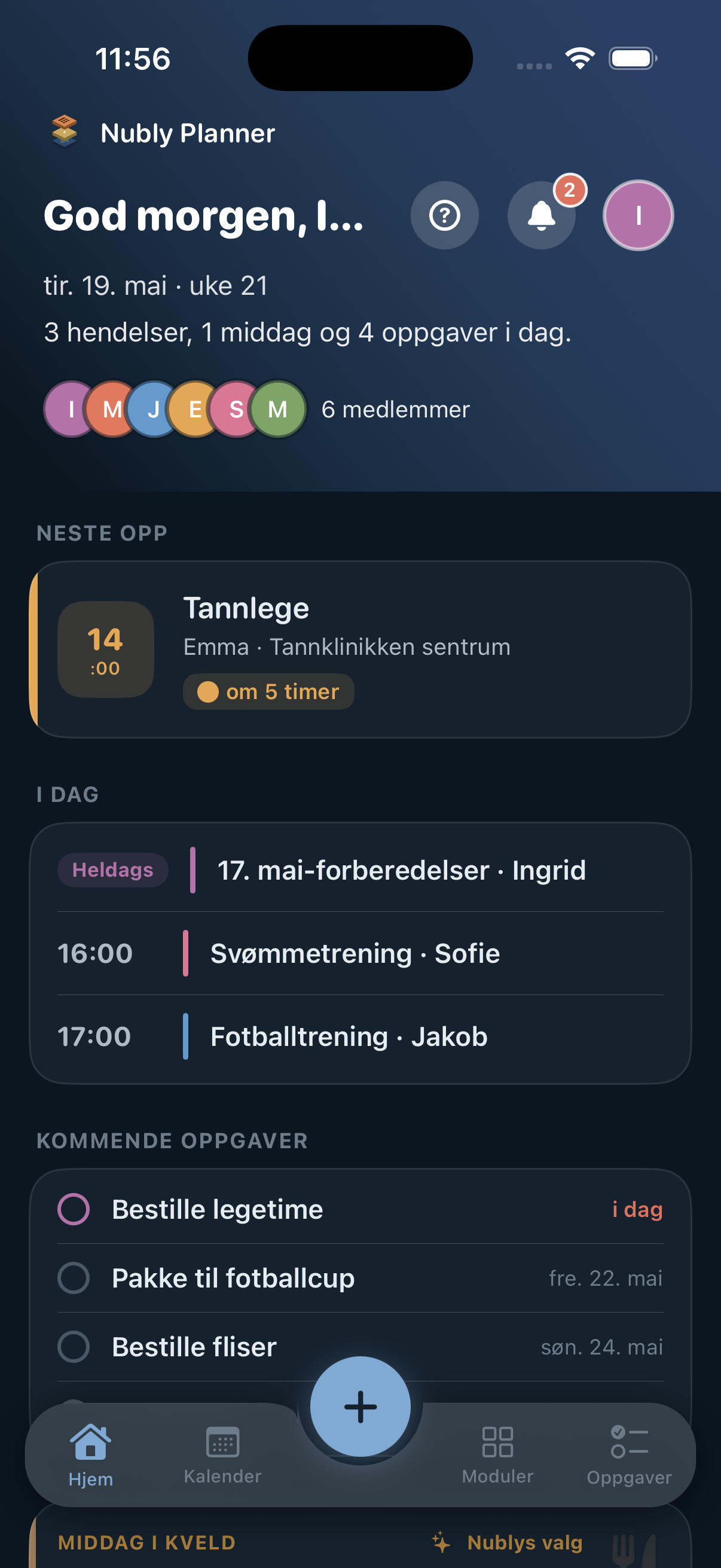 Nubly Planner på iPhone: Hjem-skjermen med neste hendelse, dagens plan og middag i kveld