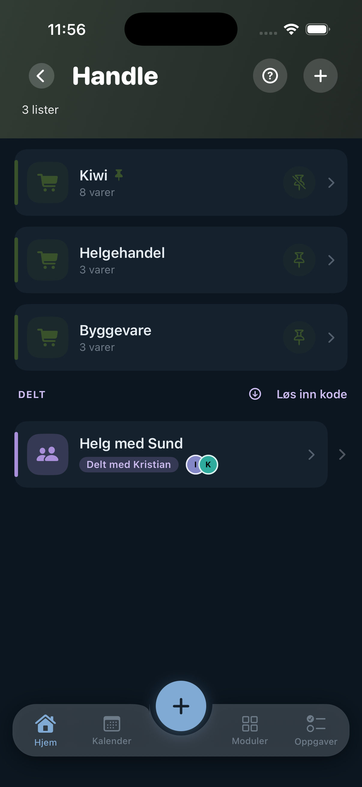 Delt handleliste i Nubly Planner, sortert etter butikkens gang-rekkefølge