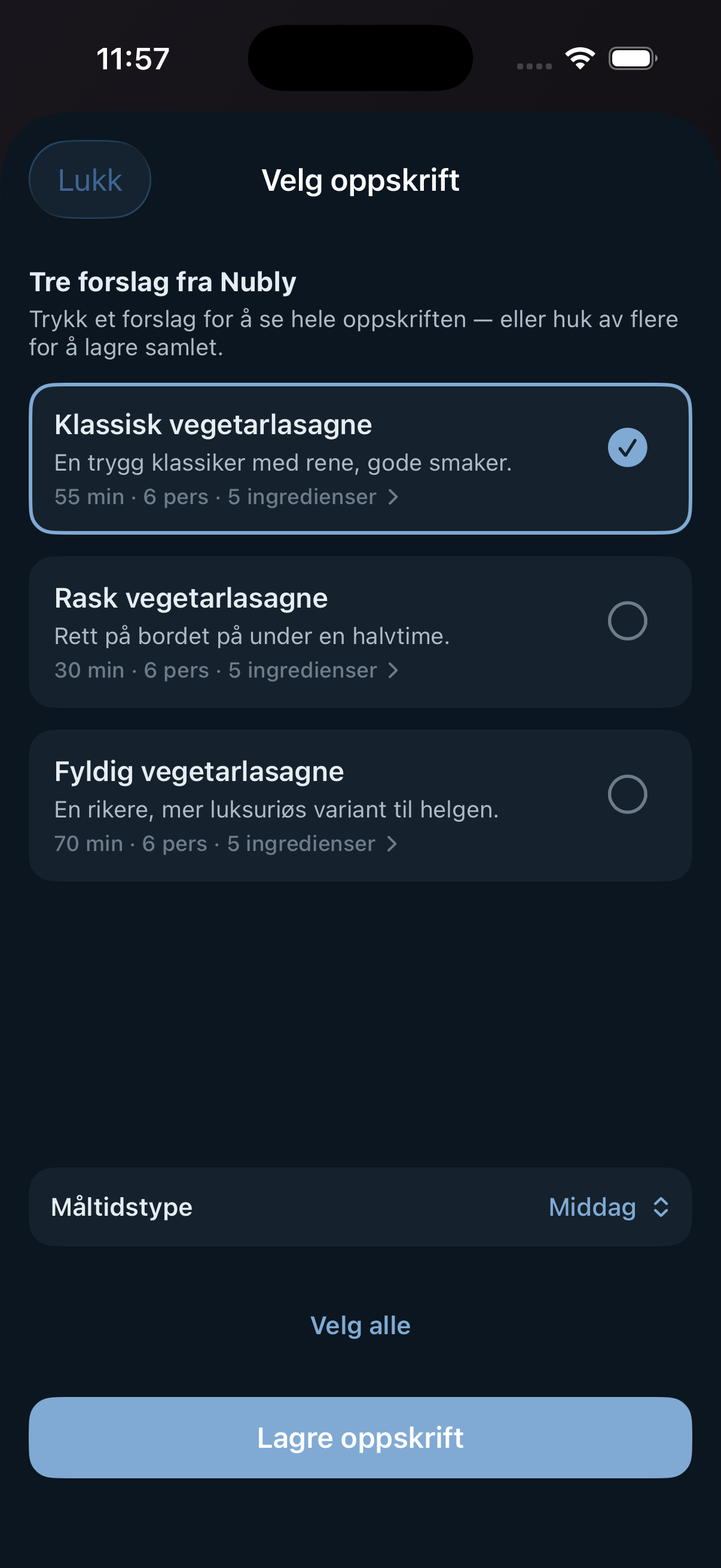 Nubly AI foreslår oppskrifter