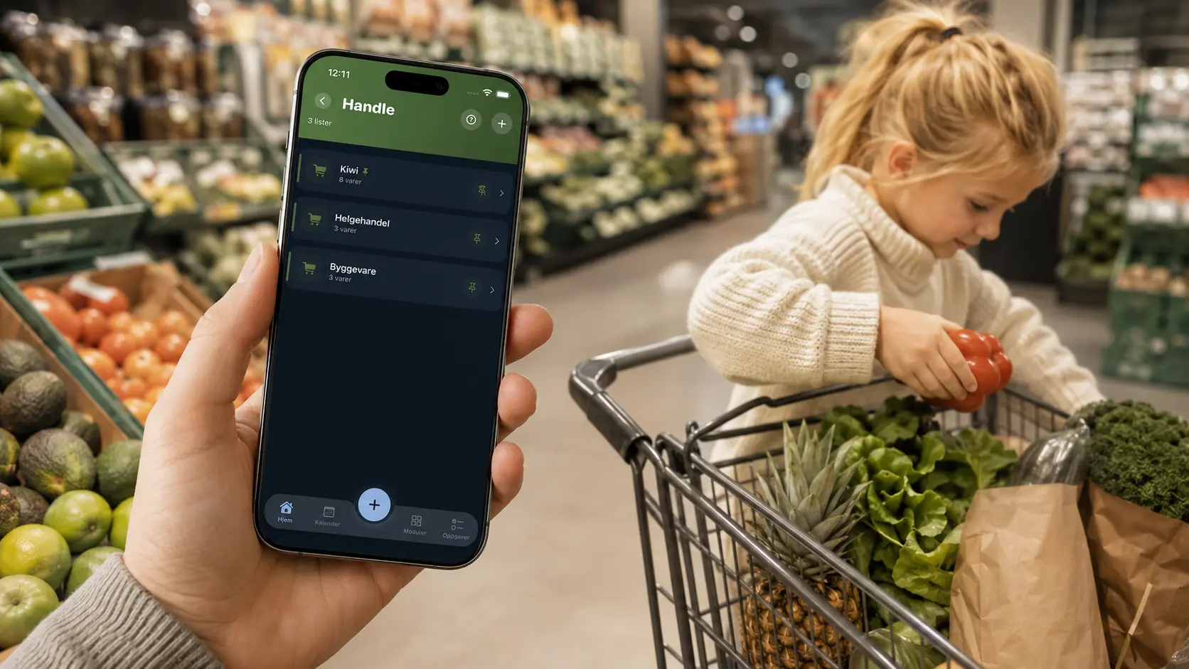 Nubly Planner-handlelisten i bruk mens et barn hjelper til i butikken